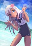  1girl beach black_neckwear blonde_hair blue_eyes blue_sailor_collar blue_sky clouds commentary_request cowboy_shot crop_top day flower hair_flower hair_ornament highres horizon kantai_collection leaning_to_the_side lens_flare long_hair mikeneko_(nicohatealpha) neckerchief ocean one-piece_tan outdoors ro-500_(kancolle) sailor_collar school_swimsuit sky solo swimsuit swimsuit_under_clothes tan tanline waving 