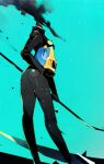  1girl ass biker_clothes bikesuit black_bodysuit blue_background bodysuit celty_sturluson contrapposto dullahan durarara!! from_behind helmet highres holding holding_weapon kuroi_moyamoya smoke standing weapon 