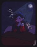  1girl =_= artist_name bed black_border border closed_mouth facing_viewer full_moon highres jacket loen long_hair moon moonlight nightgown off_shoulder on_bed original pillow red_jacket sitting sleepy solo very_long_hair 