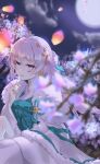  1girl bangs blue_eyes blurry blurry_foreground cherry_blossoms chinese_clothes clouds cloudy_sky hair_between_eyes hair_ornament highres honkai_(series) honkai_impact_3rd july_no_dark_chocolate lantern moon night night_sky open_mouth petals sky solo theresa_apocalypse theresa_apocalypse_(starlit_astrologos) white_hair zhuge_kongming_(honkai_impact) 