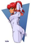  1girl artist_name ass breasts cropped_legs dark-skinned_female dark_skin from_behind green_eyes gundam hair_behind_ear highres kate_bush leaning_forward medium_breasts open_hand pilot_suit ponytail redhead saika_(pixiv43370196) solo victory_gundam 