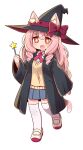  +_+ 1girl :d animal_ear_fluff animal_ears black_headwear black_robe blue_skirt blush bow breasts brown_eyes cat_ears cat_girl cat_tail collared_shirt dress_shirt ears_through_headwear fang full_body hat hat_bow highres holding holding_wand hood hood_down hooded_robe long_hair long_sleeves looking_at_viewer naga_u open_clothes open_mouth open_robe original pink_hair pleated_skirt red_bow ringlets robe school_uniform shirt shoes simple_background skirt sleeves_past_wrists small_breasts smile solo standing standing_on_one_leg star_(symbol) sweater_vest tail thigh-highs uwabaki very_long_hair wand white_background white_footwear white_legwear white_shirt wide_sleeves wings 