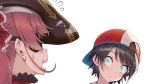  2girls arrow_through_heart bangs baseball_cap bicorne black_hair black_headwear blush closed_mouth collar commentary crazy_eyes eyebrows_visible_through_hair eyepatch face-to-face frilled_collar frills green_eyes hair_ribbon hat head_tilt hololive houshou_marine kubota_masaki light_blue_eyes looking_at_another medium_hair multicolored multicolored_eyes multiple_girls oozora_subaru open_mouth parted_bangs pirate_hat portrait red_headwear red_ribbon redhead ribbon sanpaku short_hair simple_background surprised sweat sweatdrop sweating_profusely teeth two-tone_headwear virtual_youtuber white_background white_headwear wide-eyed 