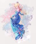  1girl abstract_background alternate_footwear blonde_hair blue_dress breasts closed_eyes closed_mouth crown dress earrings floating formal head_tilt highres holding holding_clothes holding_dress jewelry long_hair magic super_mario_bros. nachoz_(nachozart) nintendo outstretched_hand pale_skin platinum_blonde_hair rosalina shoulders small_breasts smile star_(symbol) star_earrings super_mario_galaxy wand white_background 
