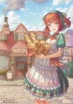  1girl :d apron bakery basket bread building cobblestone croissant day fantasy food garutaisa head_scarf holding open_mouth orange_hair original outdoors pretzel shop smile smoke solo 