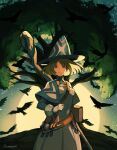  1girl bangs belt bird book brown_hair capelet crow fantasy full_moon gloves hat looking_at_viewer moon muraicchi_(momocchi) original red_eyes short_hair solo staff witch witch_hat 