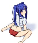  1girl absurdres alternate_hairstyle artifedex bangs barefoot between_legs blue_eyes blue_hair blush buruma butt_crack closed_mouth eyebrows_visible_through_hair from_behind full_body furude_rika hand_between_legs highres higurashi_no_naku_koro_ni long_hair looking_at_viewer looking_back red_buruma shiny shiny_hair shirt simple_background sitting solo t-shirt tied_shirt twintails very_long_hair wariza white_background white_shirt 