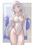  1girl blue_jacket breasts collarbone commentary_request competition_swimsuit cowboy_shot hair_over_shoulder highleg highleg_swimsuit highres jacket large_breasts looking_at_viewer low_twintails mashinatsu one-piece_swimsuit original solo swimsuit track_jacket twintails two-tone_jacket violet_eyes white_hair white_swimsuit 