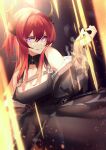  1girl :/ arknights black_dress demon_girl demon_horns dress highres horns jacket long_hair looking_at_viewer molten_rock off_shoulder ozeu0916 redhead surtr_(arknights) violet_eyes 