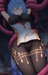  1girl absurdres armpits arms_up blue_hair bodysuit breasts brown_bodysuit closed_eyes closed_mouth commentary_request ganyu_(genshin_impact) genshin_impact highres large_breasts long_hair restrained sakamotono solo tentacles thigh_gap thighs 