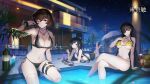  3girls ;) animal_print barefoot bikini black_hair blue_eyes blurry blurry_foreground bracelet breasts brown_hair counter_side criss-cross_halter crossed_legs depth_of_field eyepatch eyewear_on_head food green_eyes halterneck hand_on_own_chest highres jewelry joo_shiyeong large_breasts lee_ji-soo leopard_print long_hair lying multi-strapped_bikini multiple_girls navel necklace night official_art on_stomach one_eye_closed outdoors petals pocky poolside red_eyes rosaria_(counter_side) sarong scrunchie short_hair side-tie_bikini sitting small_breasts smile soaking_feet sunglasses swimsuit thigh_strap very_long_hair wet wet_hair wrist_scrunchie 