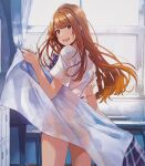  1girl bangs blush brown_eyes collared_shirt curtains fly_(marguerite) highres holding holding_towel indoors long_hair looking_at_viewer looking_back open_mouth orange_hair original shirt short_sleeves smile solo standing towel white_shirt window 