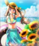 1girl amanogawa_kirara beach bikini bikini_top bra fanart fanart_from_pixiv flower go!_princess_precure navel pareo pixiv pixiv_id_57692156 precure sarong solo summer sunflower swimsuit twintails