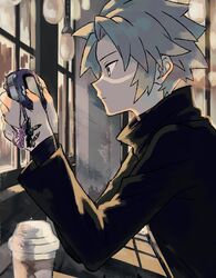  1boy black_sweater buttons character_doll closed_mouth commentary_request cup disposable_cup espeon expressionless from_side game_boy_advance gen_2_pokemon grey_hair handheld_game_console hands_up holding holding_handheld_game_console ittumozzz light_bulb long_sleeves male_focus playing_games pokemon pokemon_(game) pokemon_colosseum short_hair solo sweater umbreon upper_body wes_(pokemon) window yellow_eyes 