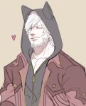  1boy animal_hood blue_eyes cat_hood coat collarbone dante_(devil_may_cry) devil_may_cry_(series) devil_may_cry_4 dmc_pa eyebrows_visible_through_hair facial_hair heart hood hood_up hoodie male_focus mature_male one_eye_closed short_hair simple_background smile solo upper_body yellow_background zipper zipper_pull_tab 