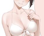  1girl bare_shoulders bikini blush breasts brown_hair closed_mouth collarbone copyright_request highres kuen_(kuennn12) mole mole_on_breast mole_under_eye smile solo sweat sweatdrop swimsuit white_bikini 