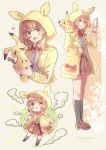  1girl :d absurdres bang bangs black_legwear blue_eyes blush bow brown_background brown_footwear brown_hair brown_skirt commentary dangan_ronpa_(series) dangan_ronpa_3_(anime) english_commentary eyebrows_visible_through_hair finger_gun full_body gen_7_pokemon green_eyes green_jacket hakamii heterochromia highres holding hood hood_up jacket kneehighs loafers long_hair long_sleeves mimikyu multiple_views open_clothes open_mouth orange_bow pleated_skirt pokemon red_bow shirt shirt_tucked_in shoes skirt smile standing umesawa_aiko white_background white_shirt 