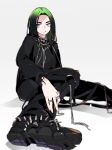  1girl :/ billie_eilish black_footwear black_hair black_pants black_shirt boots closed_mouth gradient_hair green_hair highres jewelry kuroi_moyamoya long_hair long_sleeves looking_at_viewer multicolored_hair multiple_rings necklace pants real_life shirt simple_background sitting solo spikes white_background 