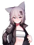 1girl absurdres animal_ears arknights beudelb black_jacket blush breasts commentary eyebrows_visible_through_hair fang grey_hair hair_between_eyes hair_ornament hairclip highres jacket korean_commentary lappland_(arknights) long_hair looking_at_viewer open_clothes open_jacket scar scar_across_eye simple_background skin_fang small_breasts solo upper_body white_background white_bandeau wolf_ears 
