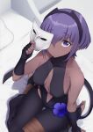  1girl black_hairband black_leotard breasts center_opening dark-skinned_female dark_skin fate/grand_order fate_(series) fingerless_gloves from_above gloves hairband hassan_of_serenity_(fate) highres holding holding_mask indoors leggings leotard mask mku on_bed purple_hair short_hair sitting sitting_on_bed skull_mask small_breasts solo stirrup_legwear toeless_legwear violet_eyes wariza 