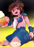  1girl @_@ arle_nadja beer_mug blue_dress brown_eyes brown_hair cup dress gourd highres holding holding_cup kuroi_moyamoya looking_at_viewer mug open_mouth plate ponytail puyopuyo seiza shirt short_hair short_ponytail sitting solo tankard white_shirt wristband 