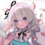  1girl bangs blue_dress card dress hair_between_eyes hair_ribbon highres holding honkai_(series) honkai_impact_3rd july_no_dark_chocolate long_hair looking_at_viewer open_mouth playing_card ribbon solo theresa_apocalypse theresa_apocalypse_(violet_executer) twintails white_background white_hair 