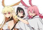  3girls ahoge bangs black_hair blonde_hair blush breasts cloak eyebrows_behind_hair eyebrows_visible_through_hair fate/grand_order fate_(series) hair_between_eyes hildr_(fate) long_hair looking_at_viewer meiji_ken multiple_girls one_eye_closed open_mouth ortlinde_(fate) pink_hair pointy_ears red_eyes short_hair simple_background sleeveless smile thrud_(fate) upper_body valkyrie_(fate) victory_pose white_background 