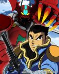  1boy black_hair blu-ray_cover brown_eyes claws clouds cover getter_arc getter_robo getter_robo_arc glowing glowing_eyes gun hair_behind_ear handgun highres holding holding_gun holding_weapon looking_to_the_side mecha nagare_takuma official_art open_mouth pilot_suit revolver science_fiction sky upper_body v-shaped_eyebrows weapon yellow_eyes 