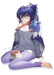  1girl absurdres bangs blue_hair blush breasts cake cake_slice chinese_commentary commentary_request dated eating eyebrows_visible_through_hair feet food food_on_face full_body glasses hair_between_eyes hand_up highres holding jacket leggings long_hair long_sleeves looking_at_viewer medium_breasts mo_ying_yu off_shoulder open_clothes open_jacket original plate ponytail purple_legwear simple_background sitting solo stirrup_legwear sweater thick_eyebrows toeless_legwear utensil_in_mouth violet_eyes wariza white_background white_sweater 
