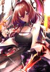  1girl absurdres arknights bare_shoulders black_dress chain chikirea collar demon_girl demon_horns dress highres holding holding_hands horns huge_filesize jacket long_hair looking_down redhead slit_pupils spiked_collar spikes surtr_(arknights) sword violet_eyes weapon 