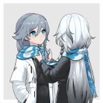  2girls bangs black_coat black_hair black_nails blue_eyes casual closed_mouth coat fu_hua fu_hua_(herrscher_of_sentience) hair_between_eyes hands_in_pockets highres honkai_(series) honkai_impact_3rd long_hair long_sleeves multiple_girls nail_polish rafaelaaa scarf white_coat white_hair winter_clothes winter_coat 