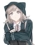  1girl animal_ears bangs black_thighhighs closed_mouth collared_shirt danganronpa_(series) danganronpa_2:_goodbye_despair fake_animal_ears flipped_hair green_jacket grey_background hair_ornament highres hood hood_up hooded_jacket jacket knees_up long_sleeves medium_hair nanami_chiaki neck_ribbon open_clothes open_jacket pink_ribbon ribbon shirt simple_background sketch solo thigh-highs vo1ez white_shirt 