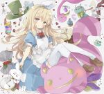  1girl absurdres alice_(alice_in_wonderland) alice_in_wonderland animal apron bangs bird blonde_hair blue_dress blush brown_footwear card cat checkerboard_cookie cheshire_cat_(alice_in_wonderland) closed_mouth clothed_animal club_(shape) commentary_request cookie cup cupcake diamond_(shape) dress drink_me eat_me english_text eyebrows_visible_through_hair flamingo food fork frilled_apron frills green_eyes green_headwear green_pants hair_between_eyes hair_ribbon hairband hat heart highres holding holding_pipe loafers mad_hatter_(alice_in_wonderland) pants pipe playing_card pocket_watch puffy_short_sleeves puffy_sleeves rabbit red_vest ribbon shoes short_eyebrows short_sleeves sign smile spade_(shape) tea teacup thick_eyebrows thigh-highs top_hat tsukiyo_(skymint) vest watch white_apron white_hairband white_legwear white_rabbit_(alice_in_wonderland) white_ribbon 