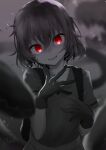  1girl absurdres backpack bag bangs blurry blurry_background character_request commentary_request copyright_request gloves hair_between_eyes hands_up highres mitorizu_02 monochrome open_mouth red_eyes shirt short_hair smile solo spot_color 