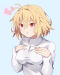  1girl ahoge arcueid_brunestud bangs blonde_hair breasts eyebrows_behind_hair eyebrows_visible_through_hair green_background hair_between_eyes highres jewelry necklace open_mouth red_eyes short_hair simple_background solo sweater tsukihime tsukihime_(remake) type-moon uryu0270 