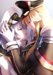  2girls azur_lane bangs bismarck_(azur_lane) blonde_hair blue_eyes breasts cacao_(suisaixx) cape closed_eyes closed_mouth cross cross_earrings earrings eyebrows_visible_through_hair from_side fur-trimmed_cape fur_trim gloves hat highres iron_cross jewelry large_breasts long_hair looking_at_another medium_hair military military_hat military_uniform multiple_girls open_mouth peaked_cap silver_hair tirpitz_(azur_lane) uniform white_gloves 