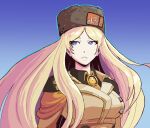  1girl antimonolith bangs big_hair blonde_hair blue_background blue_eyes blue_outline breasts brown_headwear english_commentary eyelashes fur_hat guilty_gear guilty_gear_strive hat highres jacket long_hair looking_to_the_side medium_breasts millia_rage orange_jacket outline parted_bangs portrait solo ushanka very_long_hair 