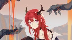  arknights demon_girl demon_horns hands horns jacket long_hair looking_at_viewer molten_rock nini redhead sitting slit_pupils smile surtr_(arknights) thigh-highs violet_eyes 