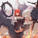  1girl absurdres ame999 arknights black_dress chain collar demon demon_girl demon_horns dress highres holding holding_weapon horns huge_filesize long_hair looking_at_viewer redhead spiked_collar spikes surtr_(arknights) sword thigh-highs violet_eyes weapon 