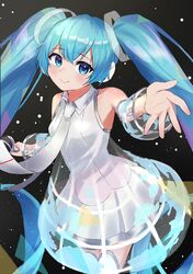  1girl bangs bare_shoulders blue_eyes blue_hair breasts collared_shirt commentary eyebrows_visible_through_hair hair_ornament hatsune_miku hatsune_miku_expo headphones highres long_hair necktie piku_39 shirt skirt sleeveless sleeveless_shirt smile solo starry_background thigh-highs twintails very_long_hair vocaloid white_necktie 