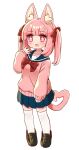  +_+ 1girl animal_ear_fluff animal_ears bangs black_footwear blue_sailor_collar blue_skirt blush bow cat_ears cat_girl cat_tail collarbone eyebrows_visible_through_hair full_body hair_bow heart heart_tail highres loafers long_sleeves naga_u open_mouth original pink_hair pink_shirt pleated_skirt red_bow sailor_collar school_uniform serafuku shirt shoes simple_background skirt sleeves_past_wrists solo standing tail thigh-highs twintails violet_eyes white_background white_legwear 