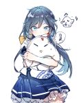  1girl absurdres bird black_hair blue_eyes blue_skirt chicken covering_mouth doll doll_hug fu_hua highres honkai_(series) honkai_impact_3rd long_hair looking_at_viewer nnikko ponytail shirt short_sleeves simple_background sketch skirt solo stuffed_animal stuffed_toy white_background white_shirt 