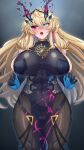  1girl bangs bare_shoulders black_dress blonde_hair blue_eyes breasts brown_legwear dress fate/grand_order fate_(series) gawain_(fairy_knight)_(fate) heterochromia highres horns kemurin large_breasts long_hair looking_to_the_side open_mouth pantyhose pelvic_curtain red_eyes sideboob solo thighs 