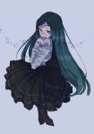  1girl bangs black_dress black_legwear commentary_request covering_mouth dangan_ronpa_(series) dangan_ronpa_v3:_killing_harmony dress from_side glasses green_hair grey_background grey_shirt hand_over_own_mouth jingle_(mhb729) knees_up long_hair long_sleeves looking_at_viewer looking_to_the_side pantyhose pleated_skirt shirogane_tsumugi shirt simple_background skirt sleeveless sleeveless_dress solo 