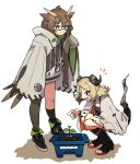  2girls ankleband arknights black_legwear black_shirt blonde_hair brown_hair character_name demon_girl demon_horns demon_tail feather_hair gardening horns ifrit_(arknights) jacket mismatched_legwear multiple_girls notice_lines open_clothes open_jacket orange_eyes oripathy_lesion_(arknights) plant sandals seedling semi-rimless_eyewear shirt short_hair short_twintails silence_(arknights) simple_background smile socks squatting tail twintails under-rim_eyewear vegetable_osamuta white_background white_jacket 