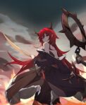  1girl arknights chain collar demon_girl demon_horns dress evening holding holding_weapon horns jacket looking_at_viewer lw_(846123285) redhead sky spiked_collar spikes surtr_(arknights) sword violet_eyes weapon 
