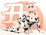  1girl alternate_hairstyle animal_ears animal_print breasts chinese_zodiac cow_ears cow_horns cow_print detached_sleeves dress fake_animal_ears fake_horns highres horns kantai_collection large_breasts long_hair panties print_dress print_legwear short_dress shoukaku_(kancolle) syouyu_0601 thigh-highs underwear white_dress white_hair white_legwear white_panties white_sleeves year_of_the_ox yellow_eyes 