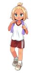  1girl :d bangs bangs_pinned_back blonde_hair blue_eyes blush breasts collarbone eyebrows_visible_through_hair fang forehead full_body gym_shirt gym_shorts gym_uniform highres looking_at_viewer naga_u open_mouth original puffy_short_sleeves puffy_sleeves red_shorts shirt shoes short_eyebrows short_hair short_shorts short_sleeves shorts simple_background small_breasts smile socks solo standing tan thick_eyebrows towel towel_around_neck v-shaped_eyebrows white_background white_footwear white_legwear white_shirt 