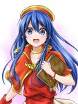  1girl :d bangs blue_eyes blue_hair capelet collarbone cute fire_emblem fire_emblem:_fuuin_no_tsurugi fire_emblem:_the_binding_blade fire_emblem_6 floating_hair hair_between_eyes holding intelligent_systems lilina_(fire_emblem) long_hair looking_at_viewer moe nintendo open_mouth orange_capelet red_headwear red_shirt shiny shiny_hair shirt simple_background skirt smile solo ten_(tenchan_man) upper_body very_long_hair white_background white_skirt 