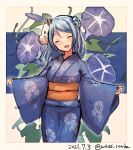  1girl ahoge blue_flower blue_hair blue_kimono closed_eyes commentary_request cowboy_shot dated double_bun facing_viewer floral_print flower fox_mask japanese_clothes kantai_collection kimono mask mask_on_head outstretched_arms solo twitter_username urakaze_(kancolle) wss_(nicoseiga19993411) yukata 